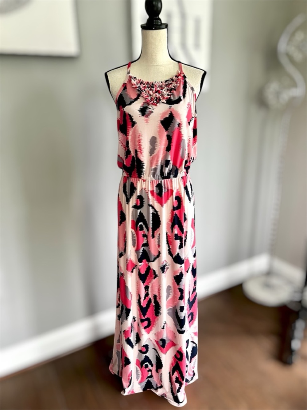 Banana Republic Pink, Black & Cream Abstract Halter Maxi Dress